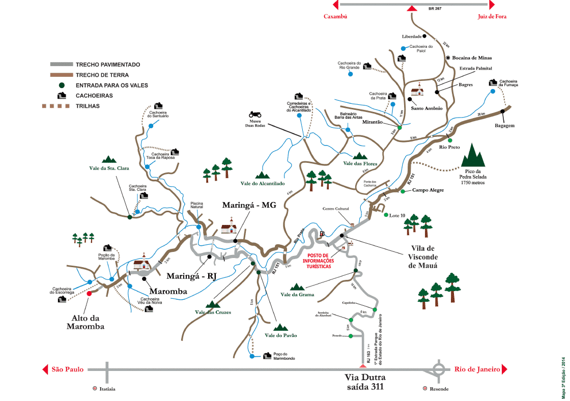 mapa de visconde de mauá com rotas e regiões marcadas sobre as três vilas e as principais atrações da região