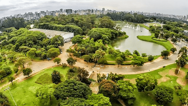Na foto vemos a área verde do Parque do Ibirapuera, o lago e os caminhos do parque. Foto da página oficial do Facebook.