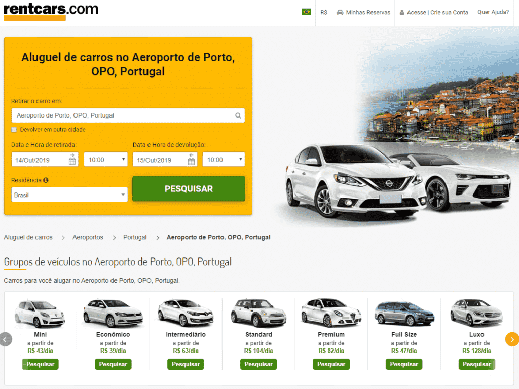 Print do comparador de preços RentCars, para aluguel de carro em Portugal