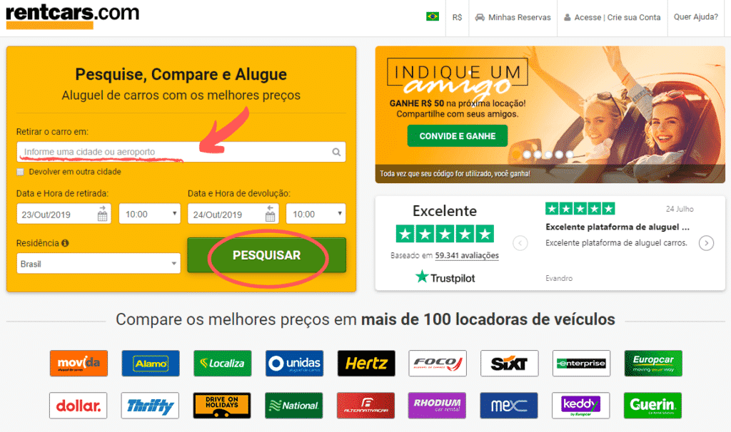 Página inicial da RentCars com painel de pesquisa para encontrar aluguel de carros em Salvador