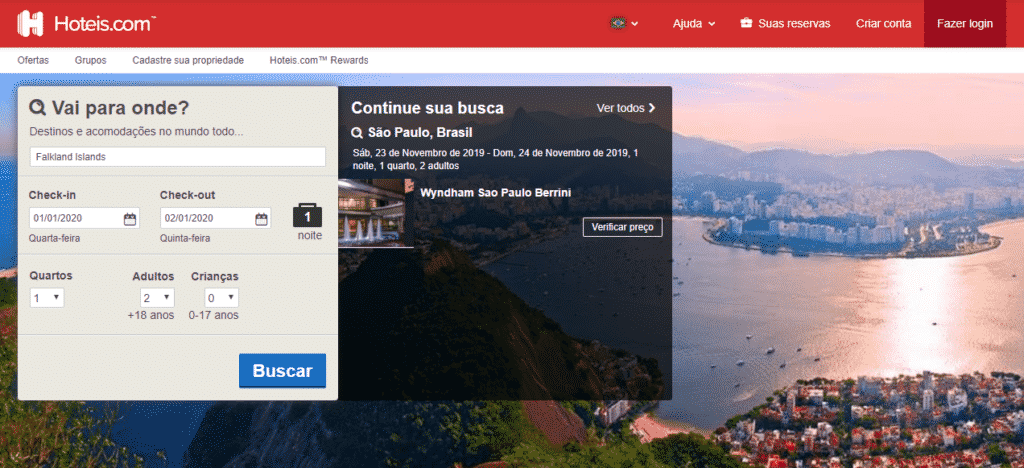 Print da parte superior da página inicial do site Hoteis.com, plataforma online para reserva de hotéis