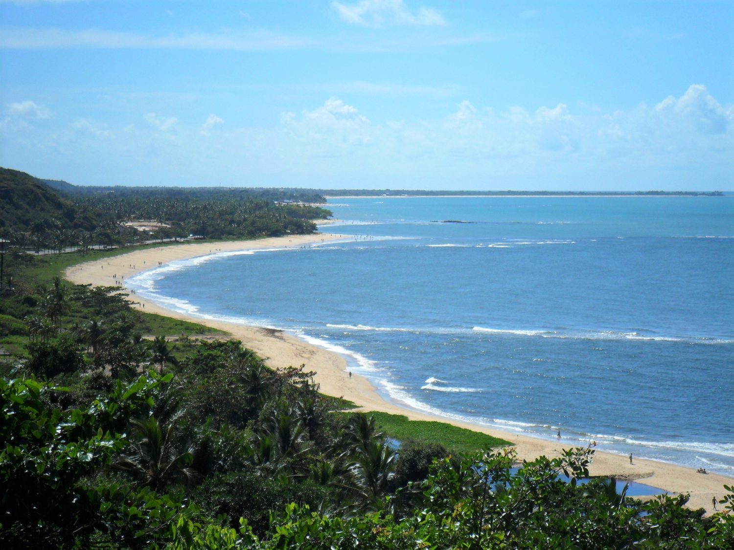 Praia com extensa faixa de areia e mata na Bahia