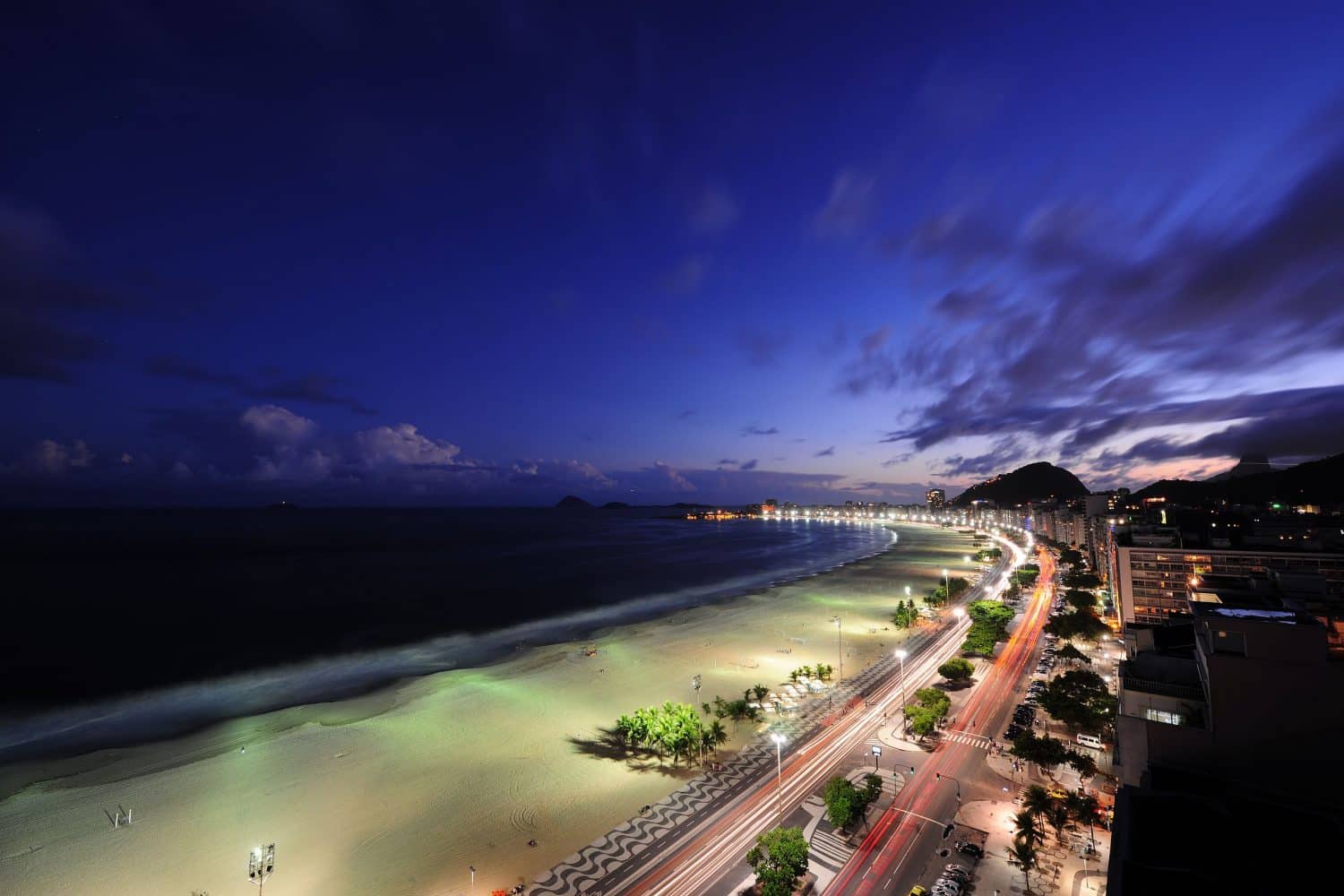 Orla de Copacabana com calçadão de desenho icônico, ao anoitecer, ilustrando post "onde ficar em Copacabana"