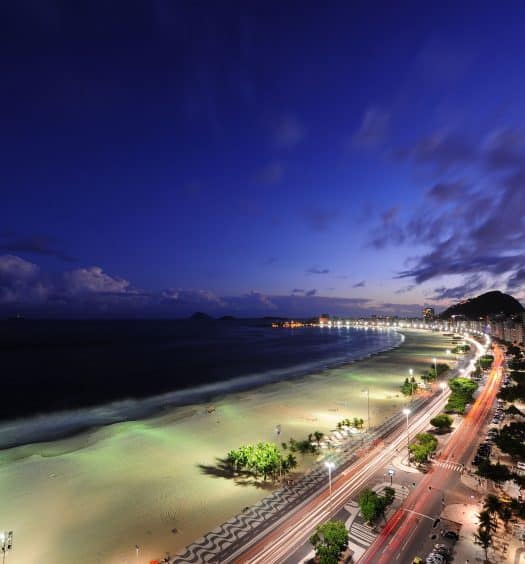 Orla de Copacabana com calçadão de desenho icônico, ao anoitecer, ilustrando post "onde ficar em Copacabana"