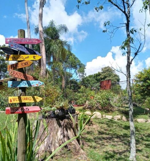 Plaquinhas das opções de lazer do Aldeia Parque Pousada Rural, uma das opções com chalés em São Roque