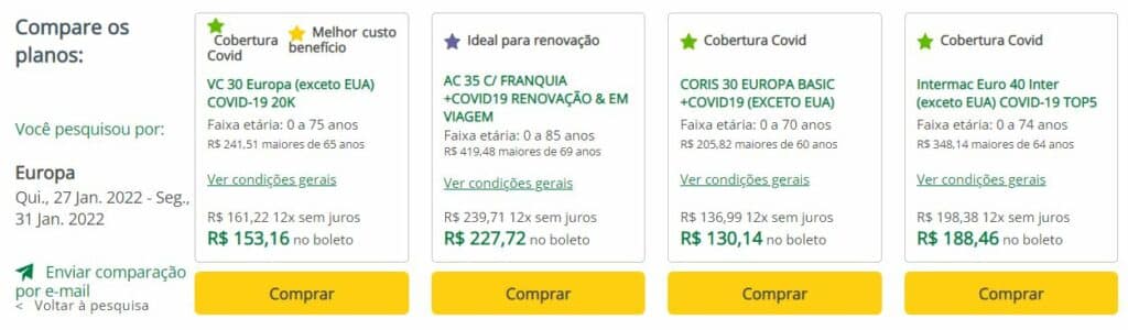 Tela da Seguros Promo mostrando opções de seguro viagem Argentina com cobertura para a Covid-19