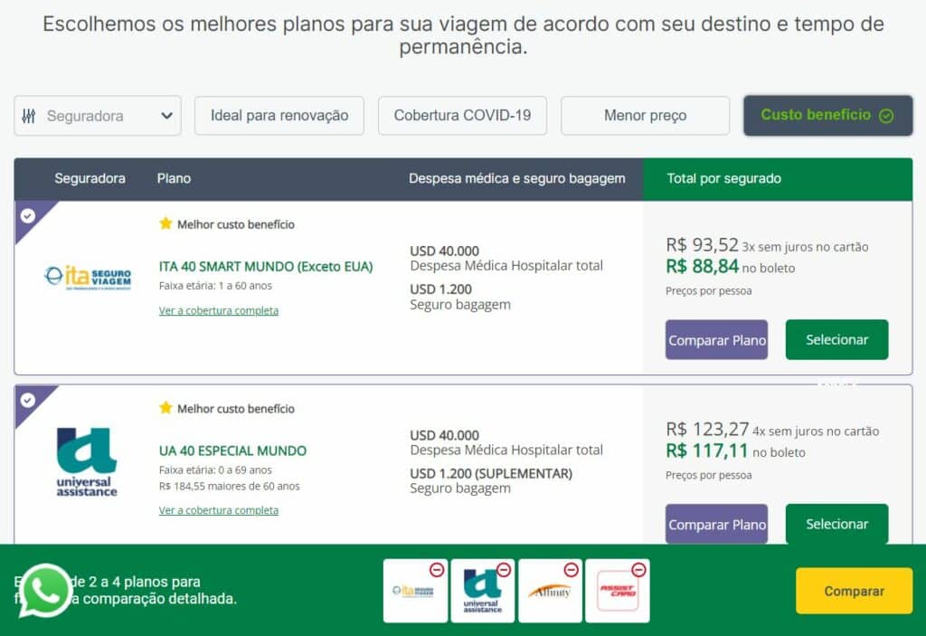 Tela da Seguros Promo mostrando opções de seguro viagem Lisboa