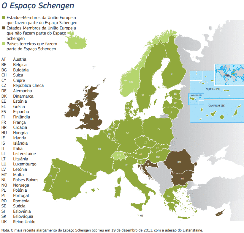 mapa dos países na Europa que fazem parte do Tratado de Schengen