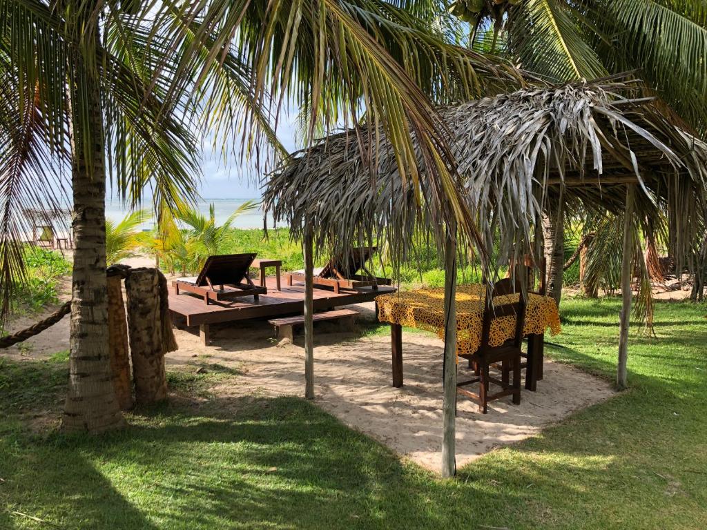 Área externa da pousada Villas Taturé, sendo a área um gramado com coqueiros, mesa e espreguiçadeiras á beira-mar.