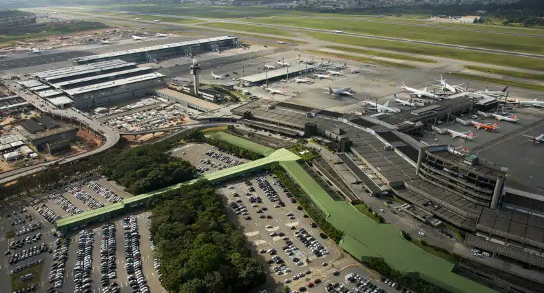 Vista aérea do Aeroporto de Guarulhos, sendo possível enxergar pistas com aviões, uma área com corredores para embarque e desembarque, carros estacionamentos ao ar livre e algumas árvores por perto