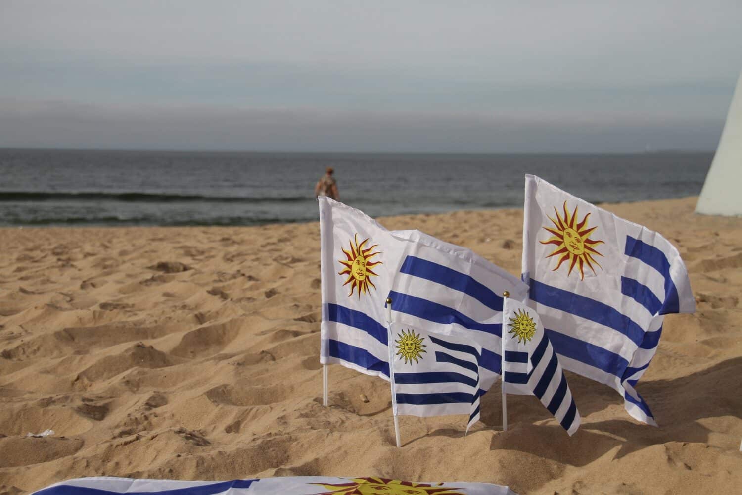 Bandeiras do Uruguai fincadas na areia à beira-mar.