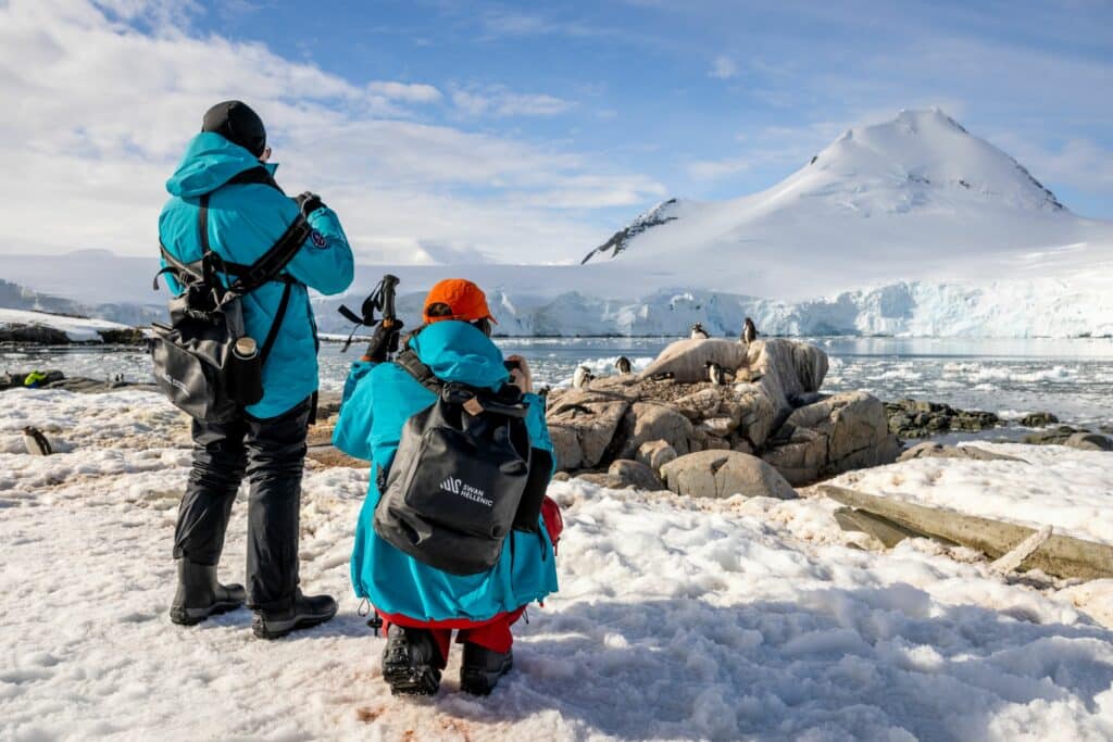 Pessoas com casado e mochila da Swan Hellenic observando pinguins de perto