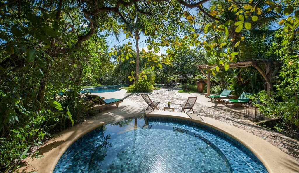 Piscina de spa circular de azulejos em primeiro plano, piscina maior em segundo plano, cercada por árvores, espreguiçadeiras e vegetação na Toca da Coruja.