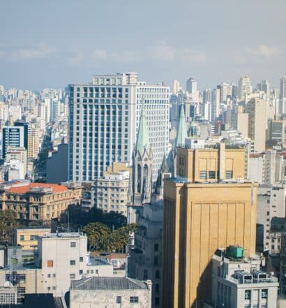 Vista de alguns prédios altos em meio à selva de pedra que é SP capital, ilustrando capa do post sobre hotéis Ibis em São Paulo