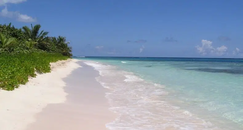 Praia Flamenco em Culebra em Ilhas Virgens Espanholas, uma areia muito branca, um pouco de vegetação após a faixa de areia e o mar de águas transparentes