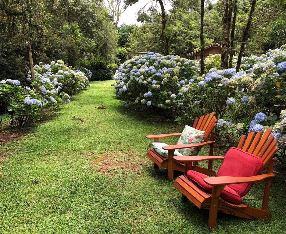 Jardins com flores roxas e duas cadeiras no gramado da ACasA OLofT