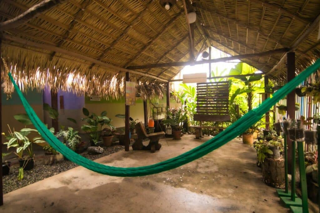 Lounge compartilhada da Pousada Coração Verde com uma rede, muitas plantas, tudo de bambu, e alguns bancos de madeira para se sentar