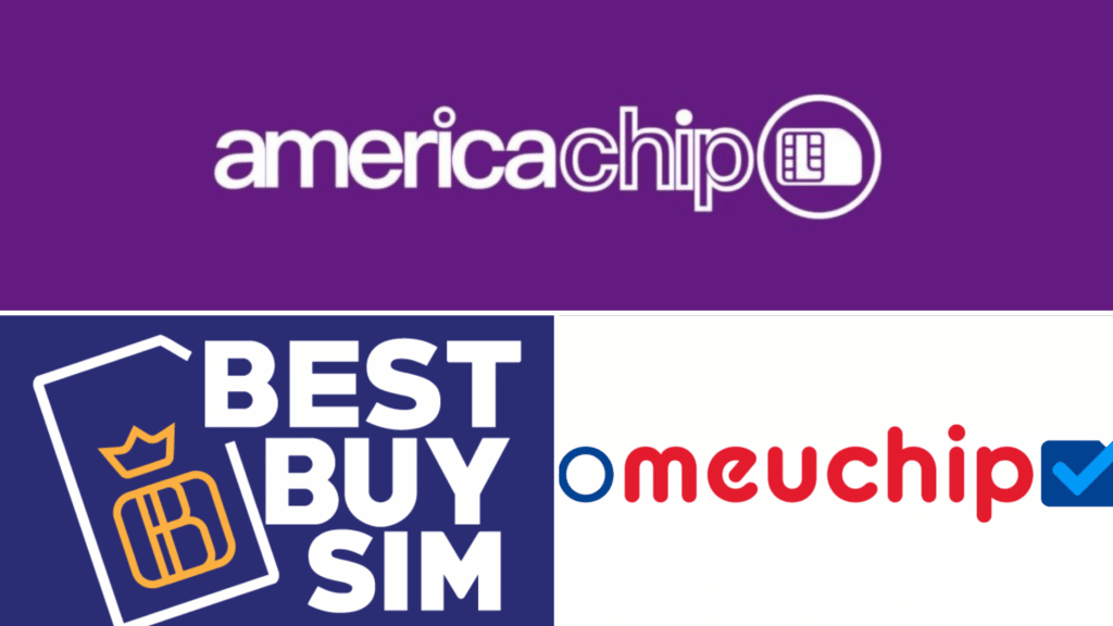 montagem com o logo de três empresas que vendem chip internacional, a America Chip encima na cor roxa e, abaixo, a imagem é dividida entre a Best Buy Sim em azul e O Meu Chip em fundo branco, que são opções de chip internacional pré-pago