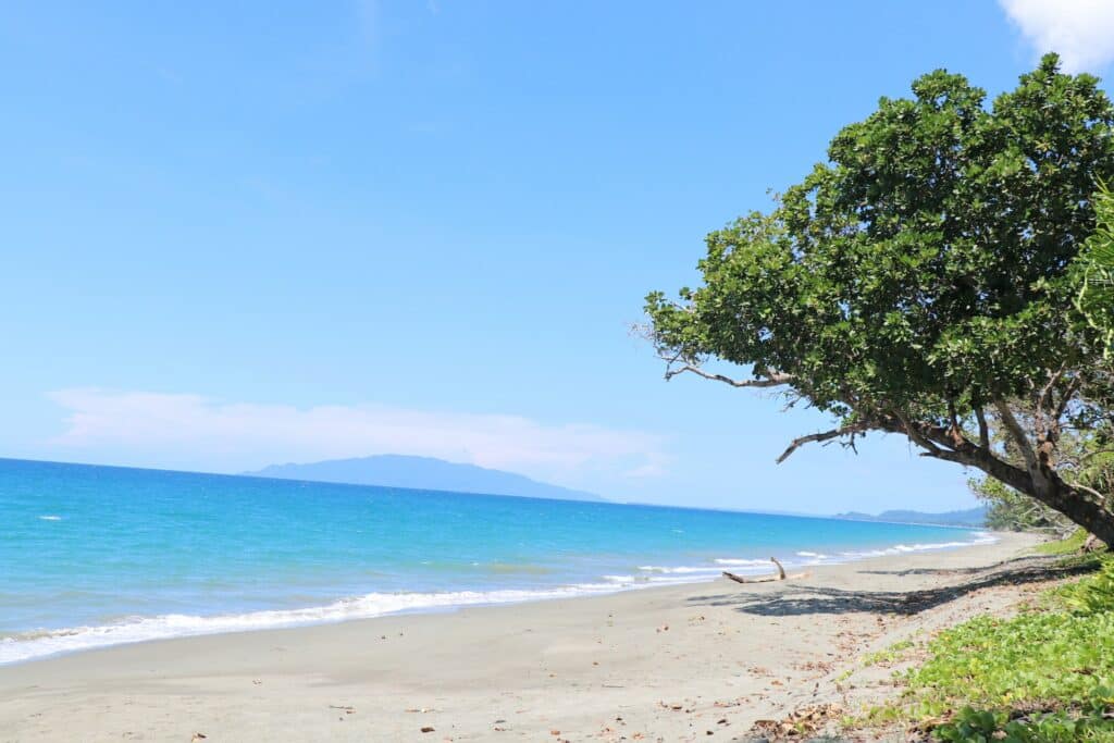 Uma praia de areia branca e um mar muito azul, há vegetação junto da areia, localizada em Papua Nova Guiné