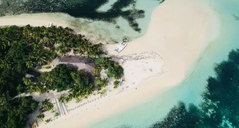 Vista aérea de árvores verdes ao lado de uma praia durante o dia em Leleuvia Island, Fiji - Foto: Josaia Cakacaka via Unsplash