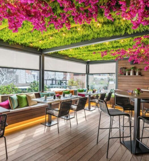 terraço com um sofá comprido cheio de almofadas coloridas, algumas mesinhas e cadeiras, com vista para cidade e coberto por plantas trançadas e flores rosas do Barceló Imagine um dos hotéis em Madri