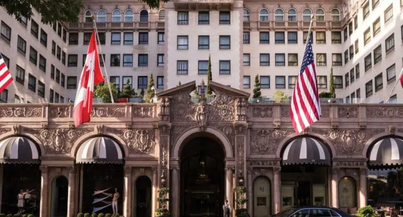 Uma fachada histórica do Beverly Wilshire, A Four Seasons Hotel, com toldos listrados, pedras ornamentadas e bandeiras canadenses e americanas na entrada, para representar hotéis em Los Angeles.