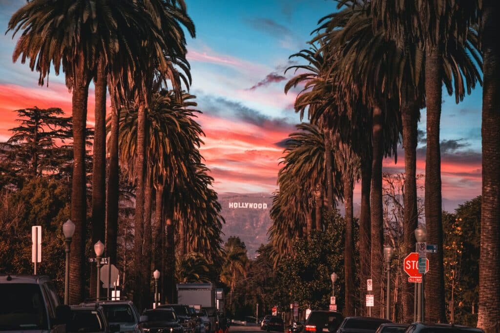 Uma rua cheia de carros estacionados e palmeiras muito altas dos dois lados, ao fundo, bem no fim da rua, é possível dar um montanha com o famoso letreiro de Hollywood e algumas nuvens alaranjadas cobrindo o céu