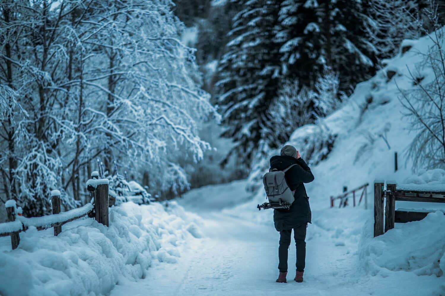 Pessoa com uma mochila nas costas etirando foto de algo em sua frente. Ao redor, há uma cerca e algumas árvores covertas de neve, assim como o chão. - Foto: Armin Djuhic via Unsplash