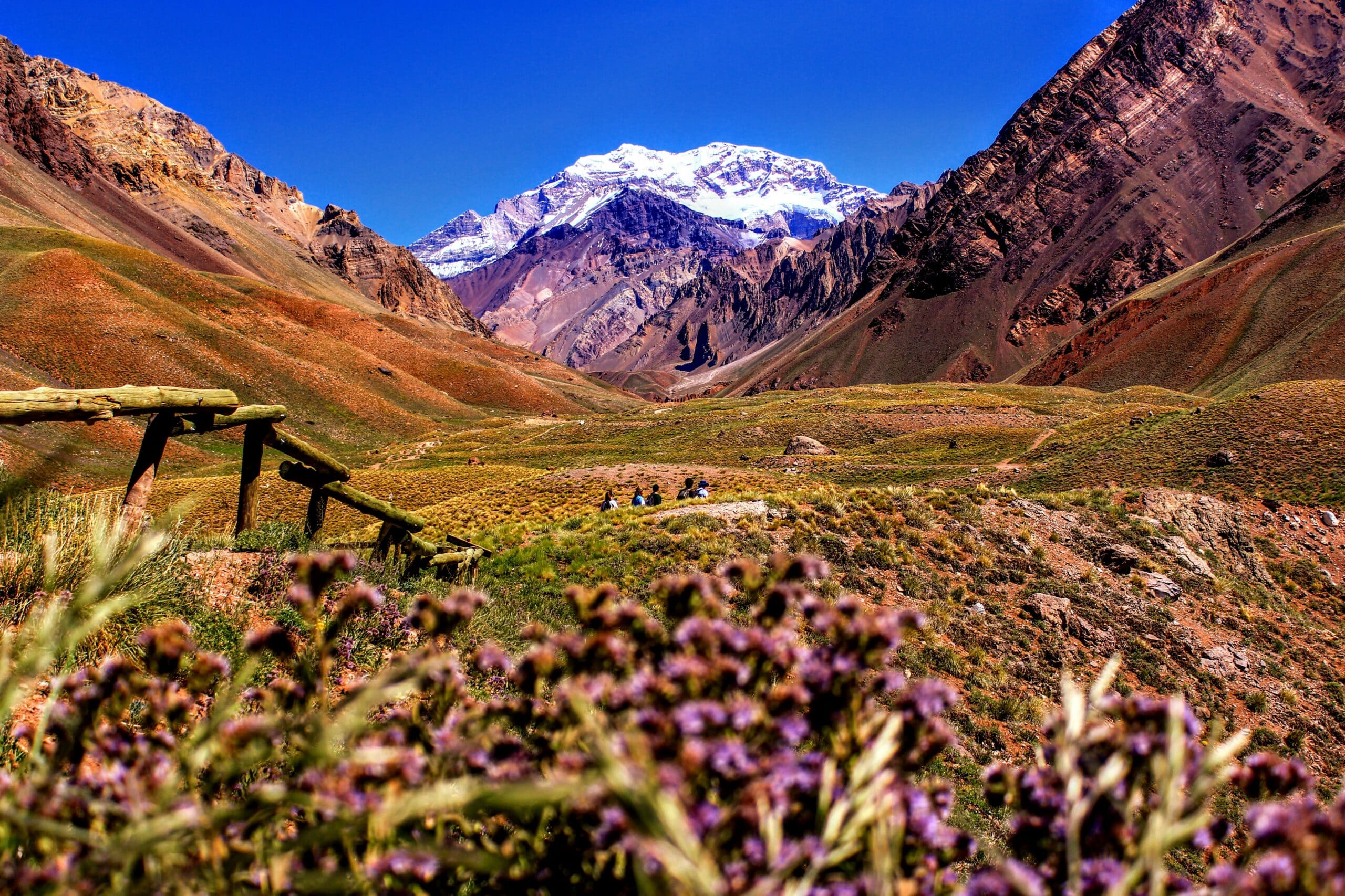 Vista das montanhas do Parque Provincial Aconcágua, Mendoza com áreas verde e no fundo neve cobrindo o topo. Representa chip celular Mendoza.