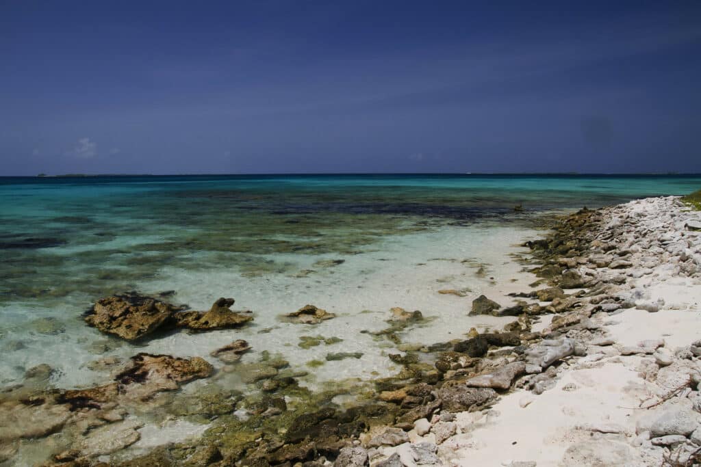 Uma praia com muitas rochas e corais perto da margem, o mar é azul claro quase verde