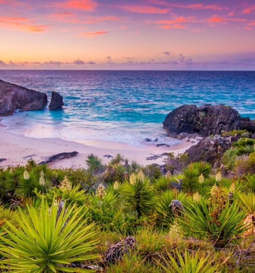 Vista do mar de Bermudas com areia branca, mar com tonalidade azul no pôr-do-sol. Representa chip celular Bermudas.