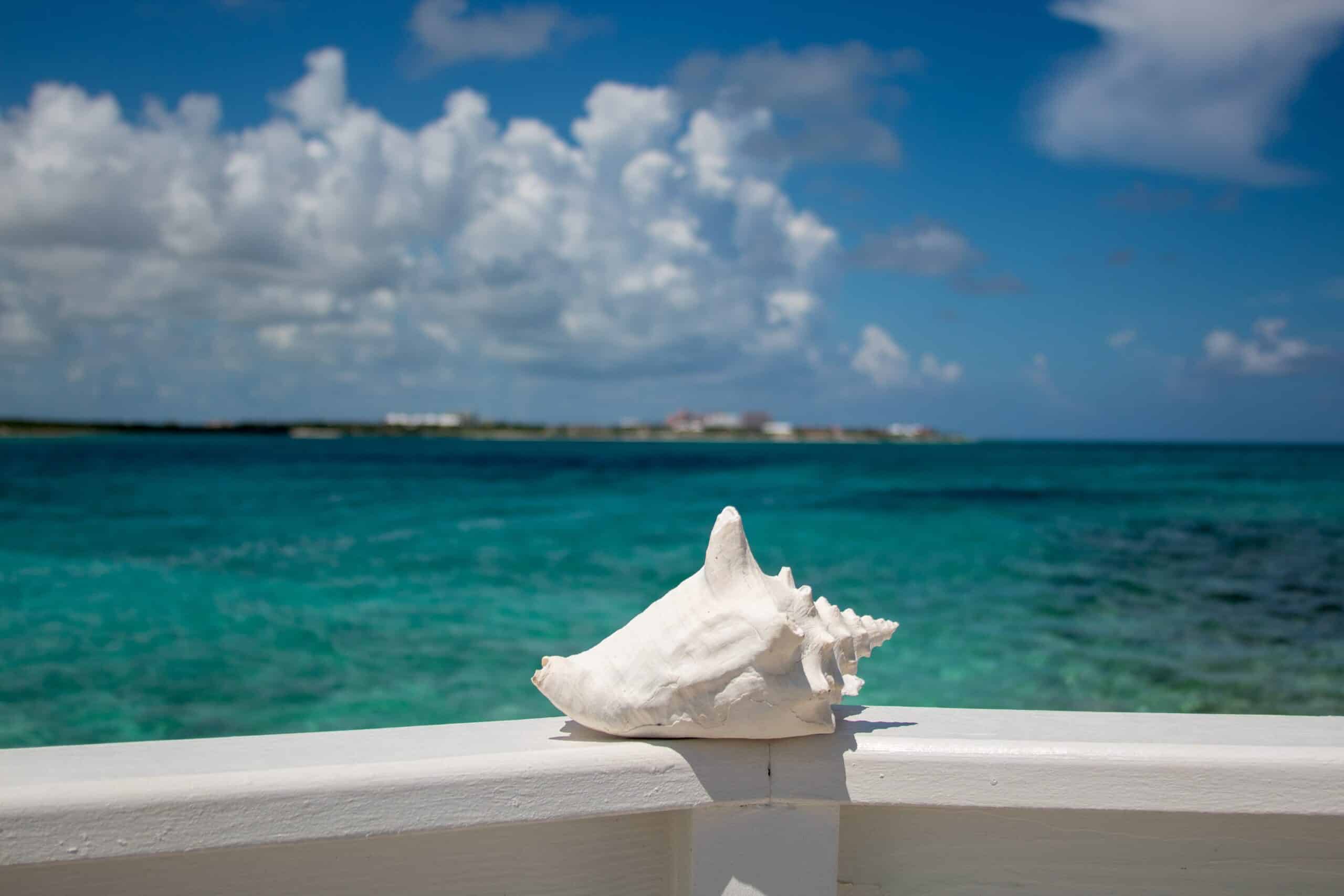 Vista do mar azul turquesa e uma visão de Atlantis, Paradise Island Bahamas de Pearl Island.