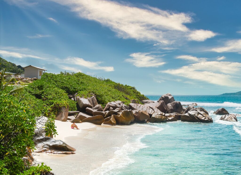 Praia La Digue com árvores verdes, pedras marrons, água azul e uma pessoa sentada na areia durante o dia, ilustrando post seguro viagem Seychelles.