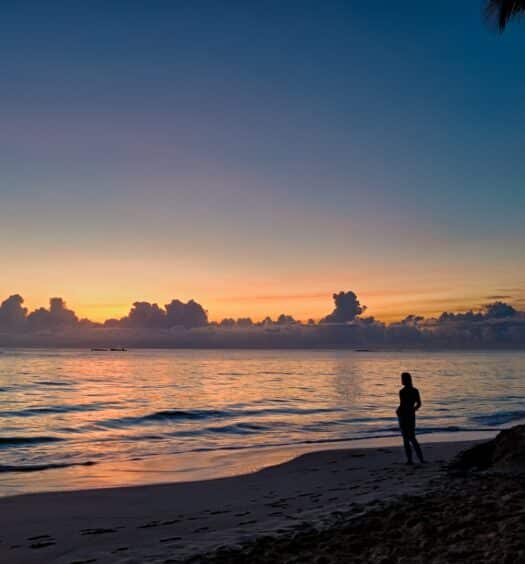 silhueta de uma pessoa ao pôr do sol na praia de Punta Cana, para ilustrar o post de chip celular República Dominicana, há uma palmeira bem alta atrás da pessoa, e o mar é calmo com poucas ondas e reflete as cores alaranjadas do céu