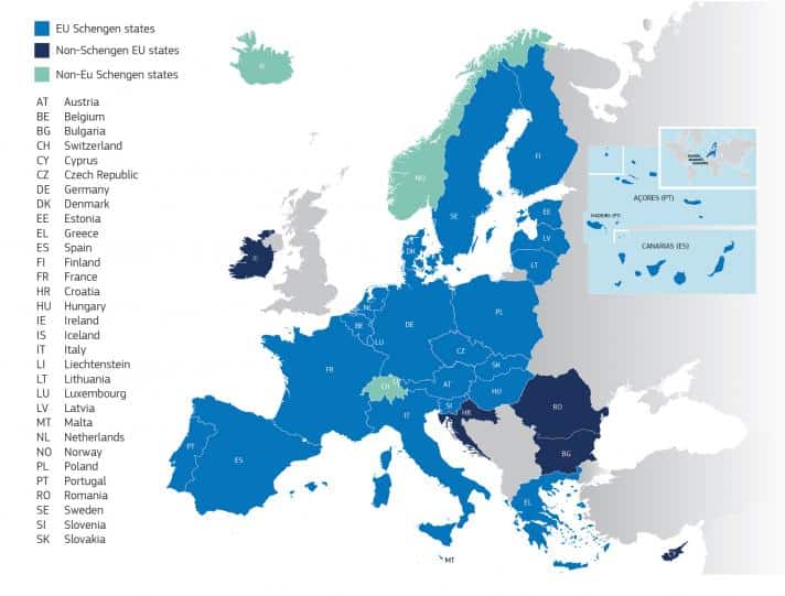 Mapa dos países integrantes no Tratado de Schengen | Foto: Comissão Europeia