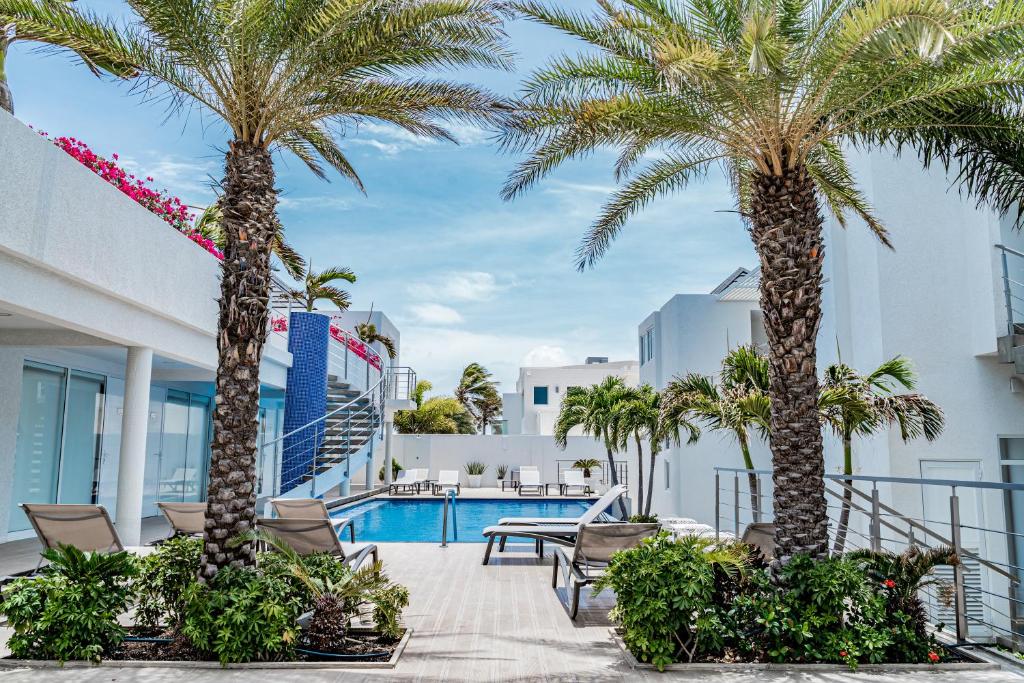 Dois coqueiros, um de cada lado da imagem, decorando a área da piscina do Ocean Z Boutique Hotel em Aruba. Há, ainda, algumas espreguiçadeiras em   lugares estratégicos ao redor da piscina.