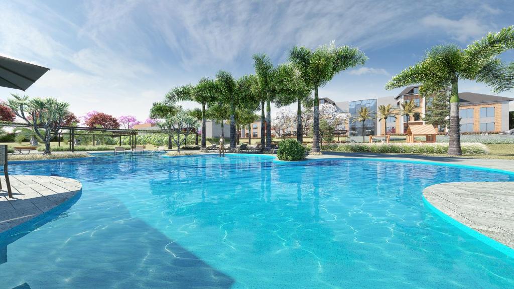 Vista da piscina do Royal Tulip Holambra  durante o dia com coqueiros do lado esquerdo. Representa hotéis em Holambra.