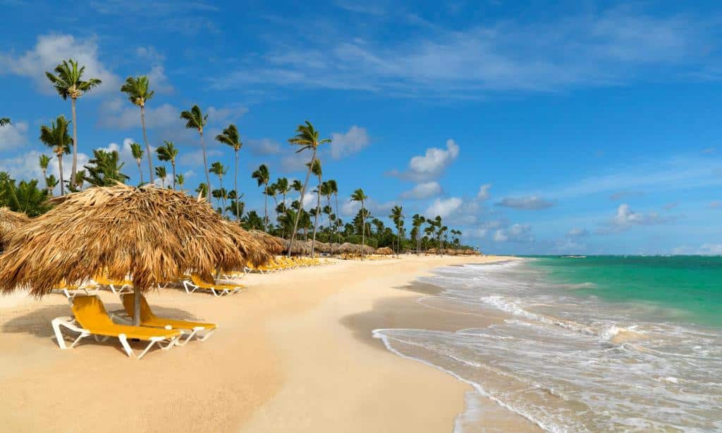 Praia com areia fofa bege claro, com poucas ondas e água cristalina num tom esverdeado, com algumas espreguiçadeiras amarelas espalhadas na areia. Ao fundo, há diversos coqueiros e o céu está bem azul com sol. Imagem para ilustrar como escolher um resort em Punta Cana