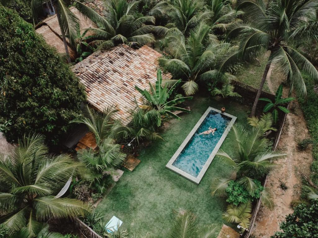 Vista aérea de uma piscina retangular com uma mulher dentro, com um gramado em volta e várias árvores do Sitio Peixe do Mato, para ilustrar as pousadas em Alagoas