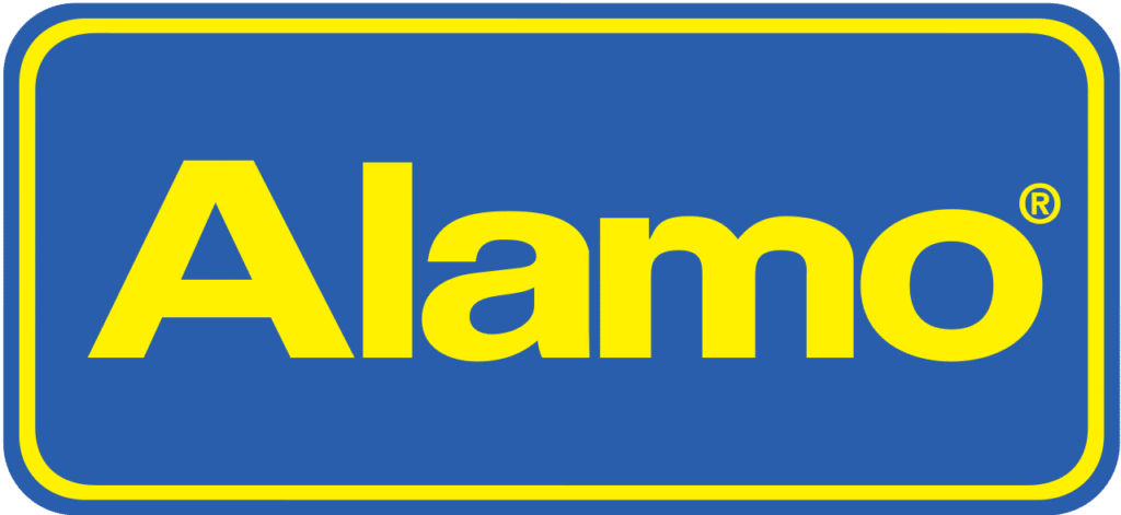 Logo da Alamo, com fundo azul anil, bordas arredondadas, contorno dentro do fundo em cor amarela, e letras formando a palavra Alamo, também em amarelo, ao centro