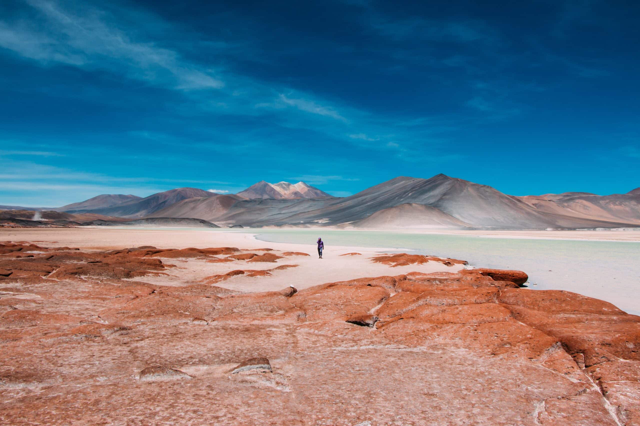 Vista do Deserto do Atacama, Chile com montanhas ao fundo, lago e um homem andando em meio a paisagem durante o dia.