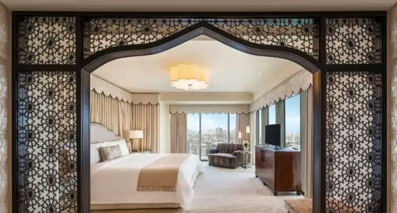 Vista do quarto do The St. Regis com cama de casal, uma cômoda ao lado esquerdo da cama com luminária e em frente a cama cômoda de madeira com TV. Representa Hotéis no Cairo.