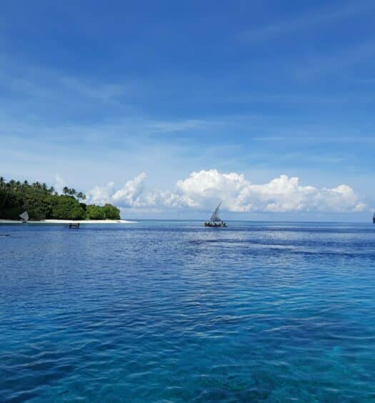 Um mar muito azul com uma embarcação ao fundo perto de um pedaço de terra com muitas árvores, para representar chip celular Papua Nova Guiné