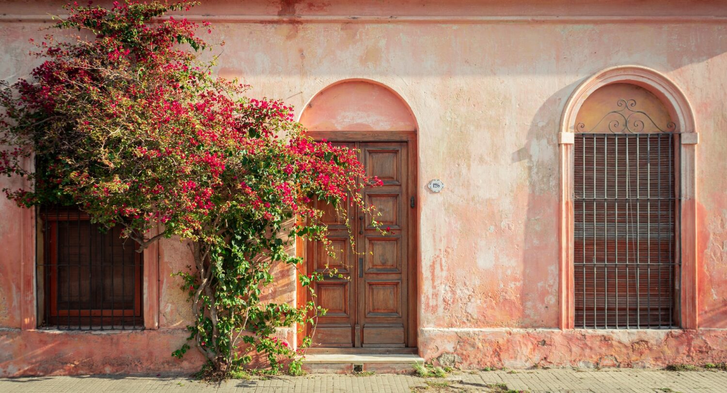 Um prédio antigo em tons de rosa e marrom, com portas de madeira, uma árvore florida na frente, para representar hotéis em Colonia del Sacramento