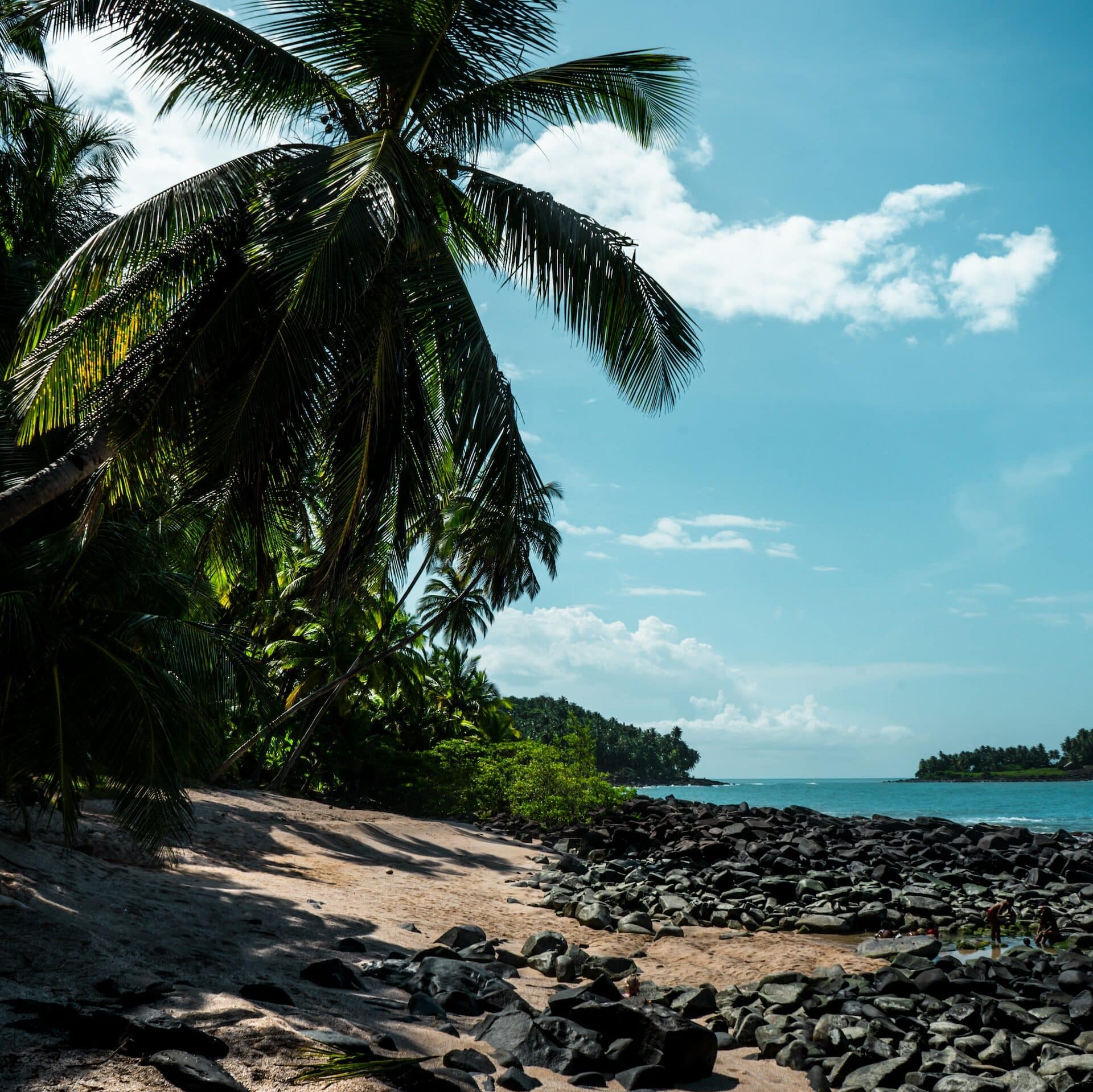 Praia com bastante pedras pretas à beira-mar, árvores ao lado de uma areia bege e mar azulado ao fundo. A imagem foi tirada em um dia ensolarado e serve para ilustrar o post chip de celular Guiana Francesa