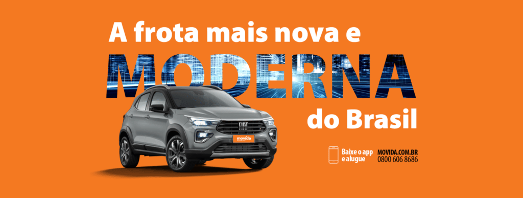 Banner laranja, cor da marca Movida, com os dizeres "A frota mais nova e moderna do Brasil", um carro fiat na frente, e um ícone de celular com a frase "Baixe o app e alugue" ao lado