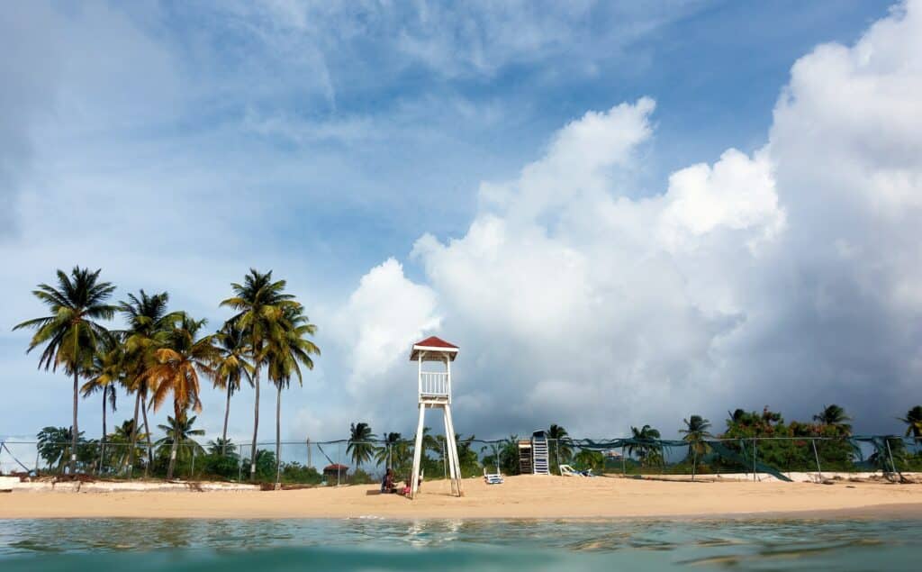 Torre de salva-vidas em tons de branco e vermelho na areia em frente ao mar com árvores por perto durante o dia.