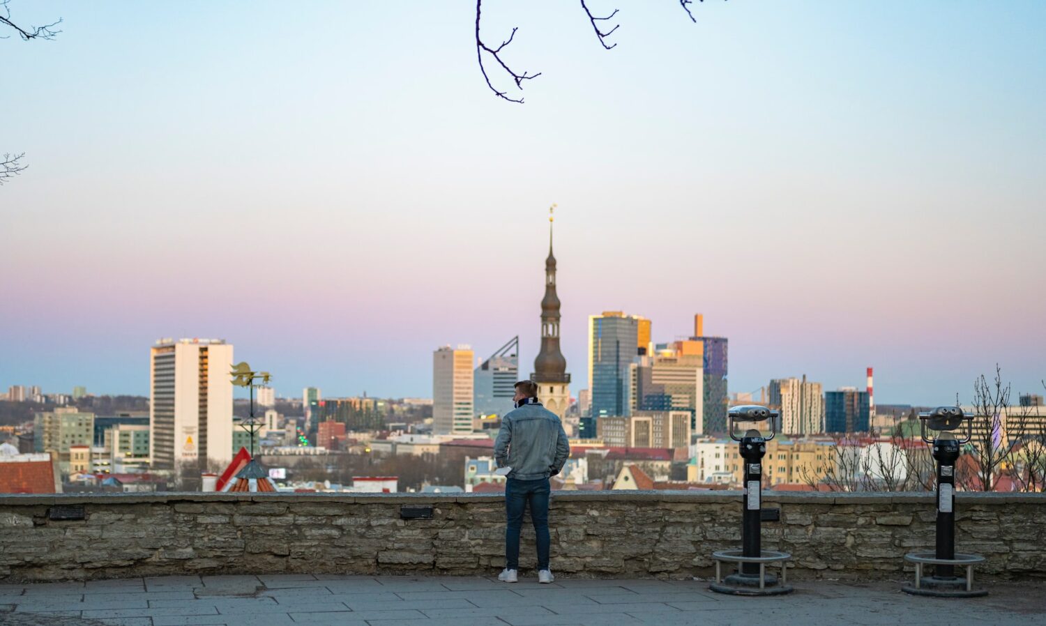 Homem olhando para a paisagem de Tallinn, com bastante construções durante o dia, ilustrando post chip celular Estônia.