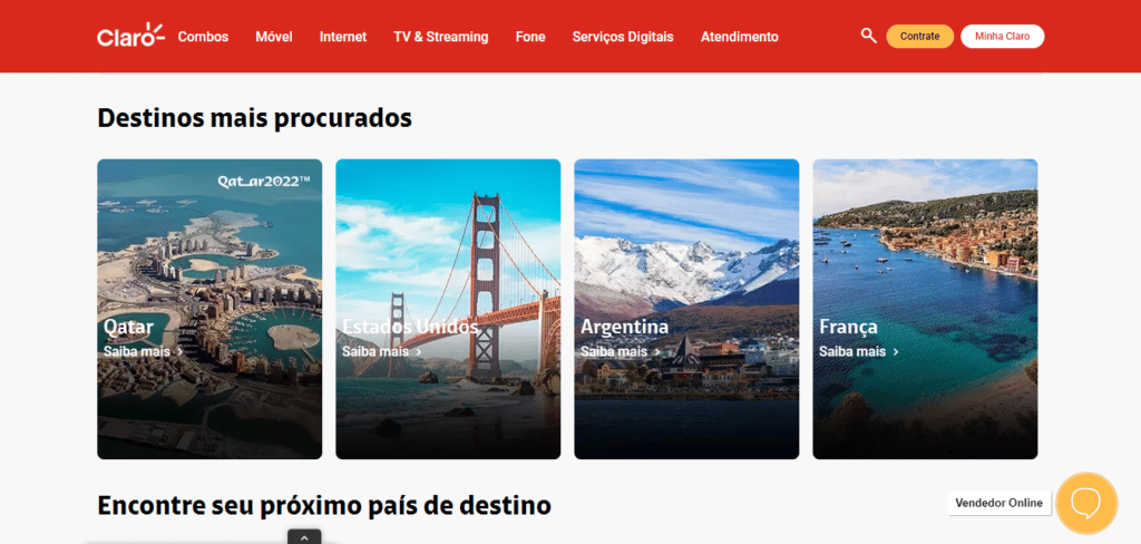 print do site do chip Claro no exterior com detalhes em vermelho e alguns países com fotos de locais turísticos