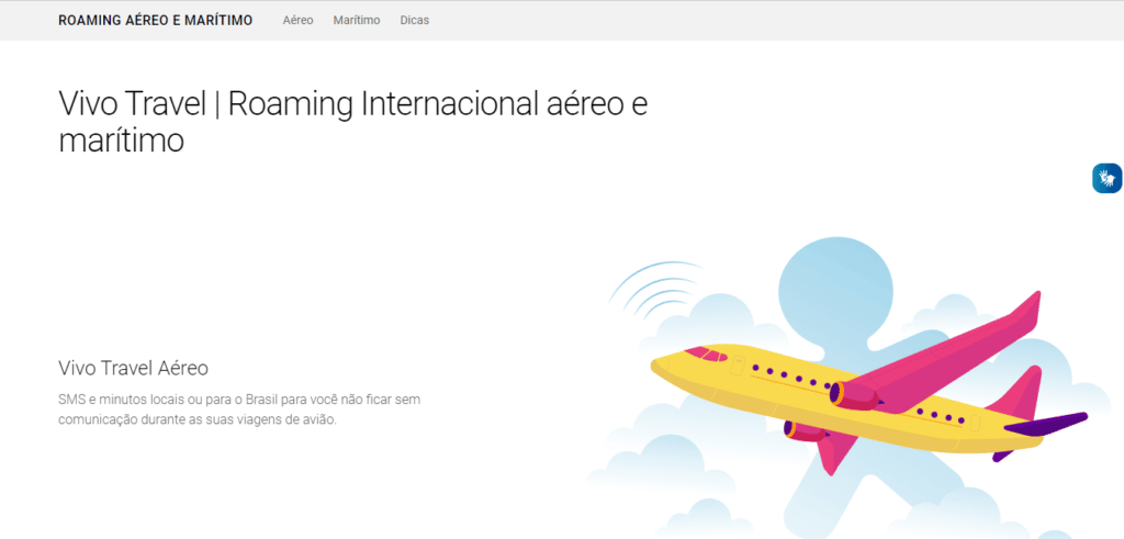 página da web falando do roaming internacional aéreo e marítimo do Vivo Travel, com fundo branco e tons de bege e a ilustração de um avião amarela com detalhes vermelhos